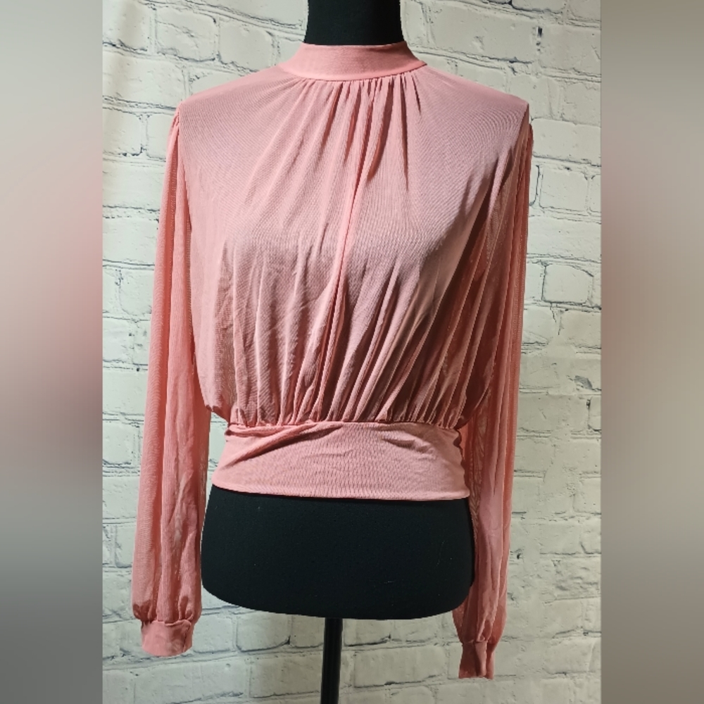 Vintage LS High-Neck Woven Sheer CroppedBlouse Peachy Pink